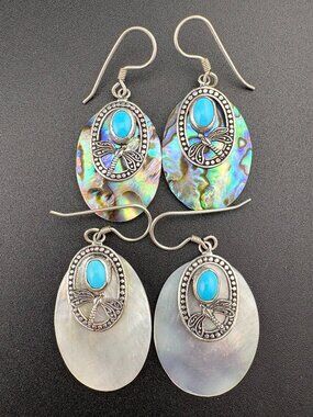 Sterling Silver Turquoise Abalone Dragonfly Hook Earrings x 2 sets - 1.5" long
